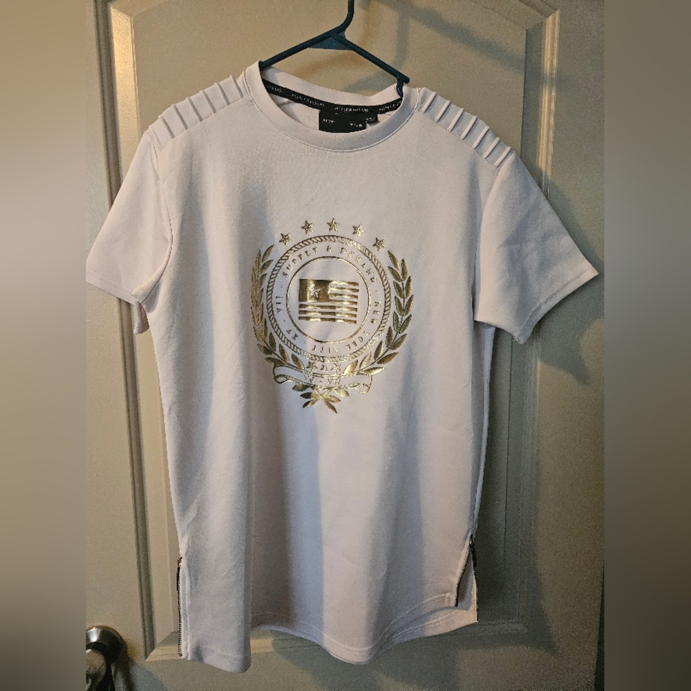 White Graphic Tee with Gold Emblem